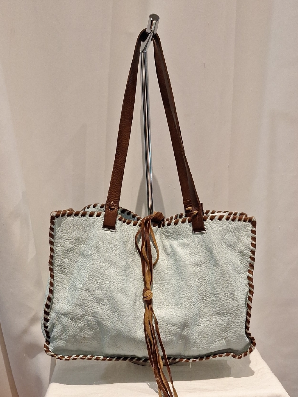 Light Blue Leather-Trim Tote with Brown Straps